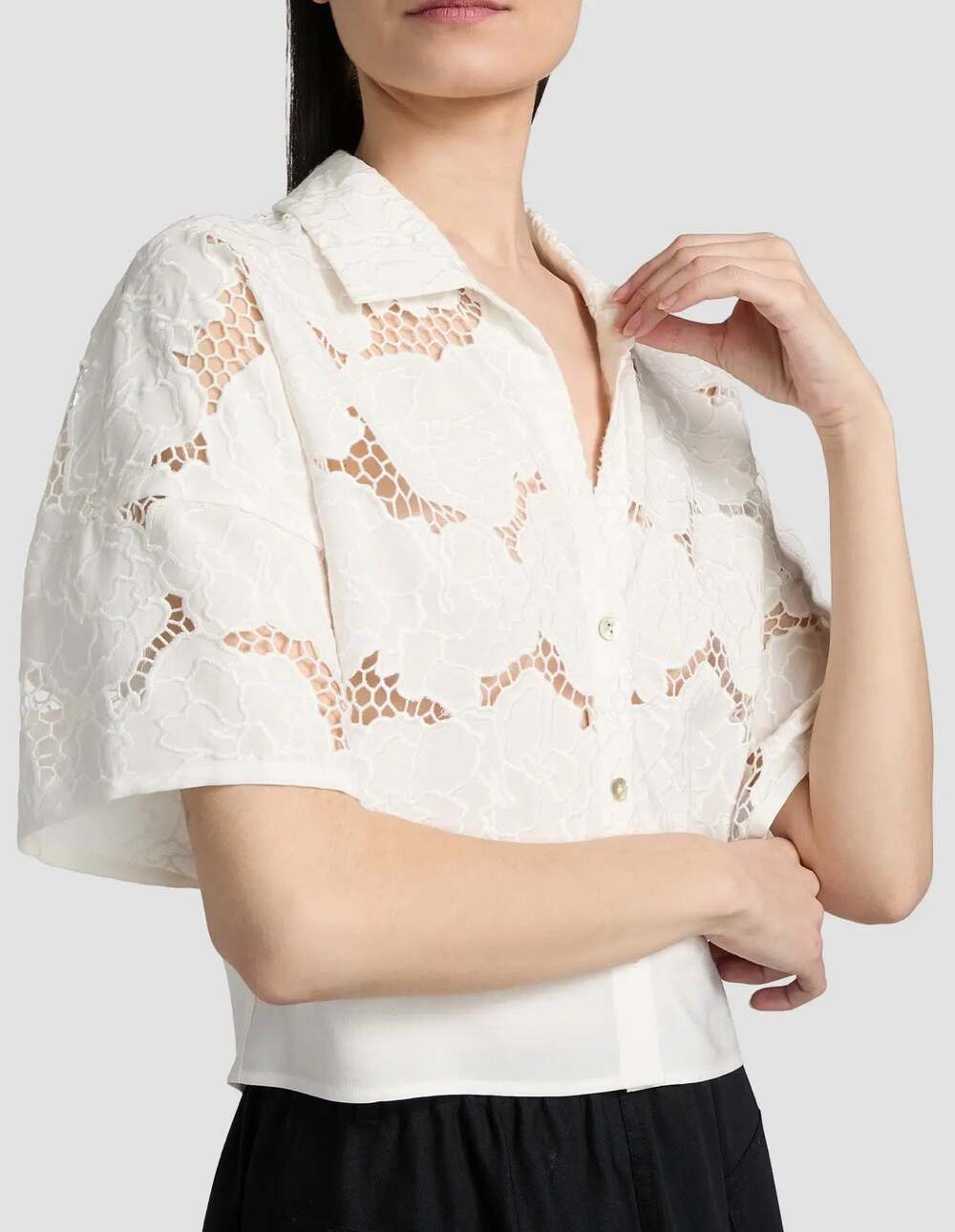 Vince Lace Cropped Short Sleeve Shirt in Off White XS